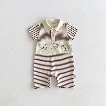 Summer New Design Short Sleeves Striped Turn-Down Collar Teddy Pattern Baby Rompers-1