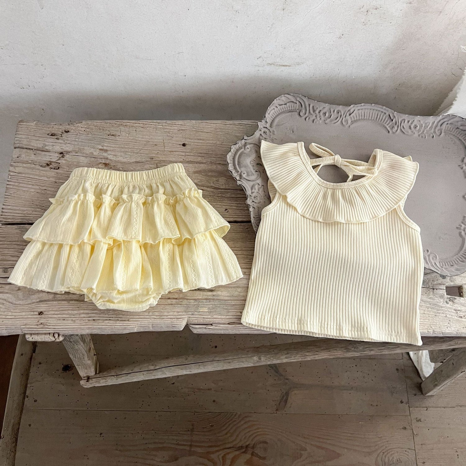 Summer New Arrival Baby Girls Sleeveless Solid Color Top And Ruffle Trim Skirt Clothing Set-4