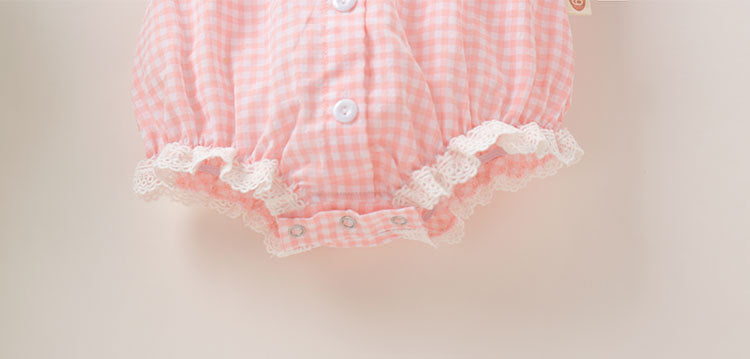 Baby Girl Plaid Pattern Lace Patchwork Design Bubble Short-Sleeved Onesies With Buttons-4