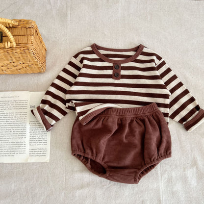 Baby Striped Pattern Long Sleeve Tops &amp; Triangle Shorts 1 Pieces Sets-4