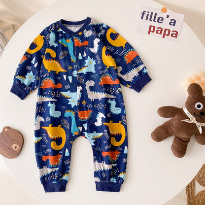 Baby Boy Cartoon Animals Graphic Snap Button Front Design Long Sleeved Romper Jumpsuit-3