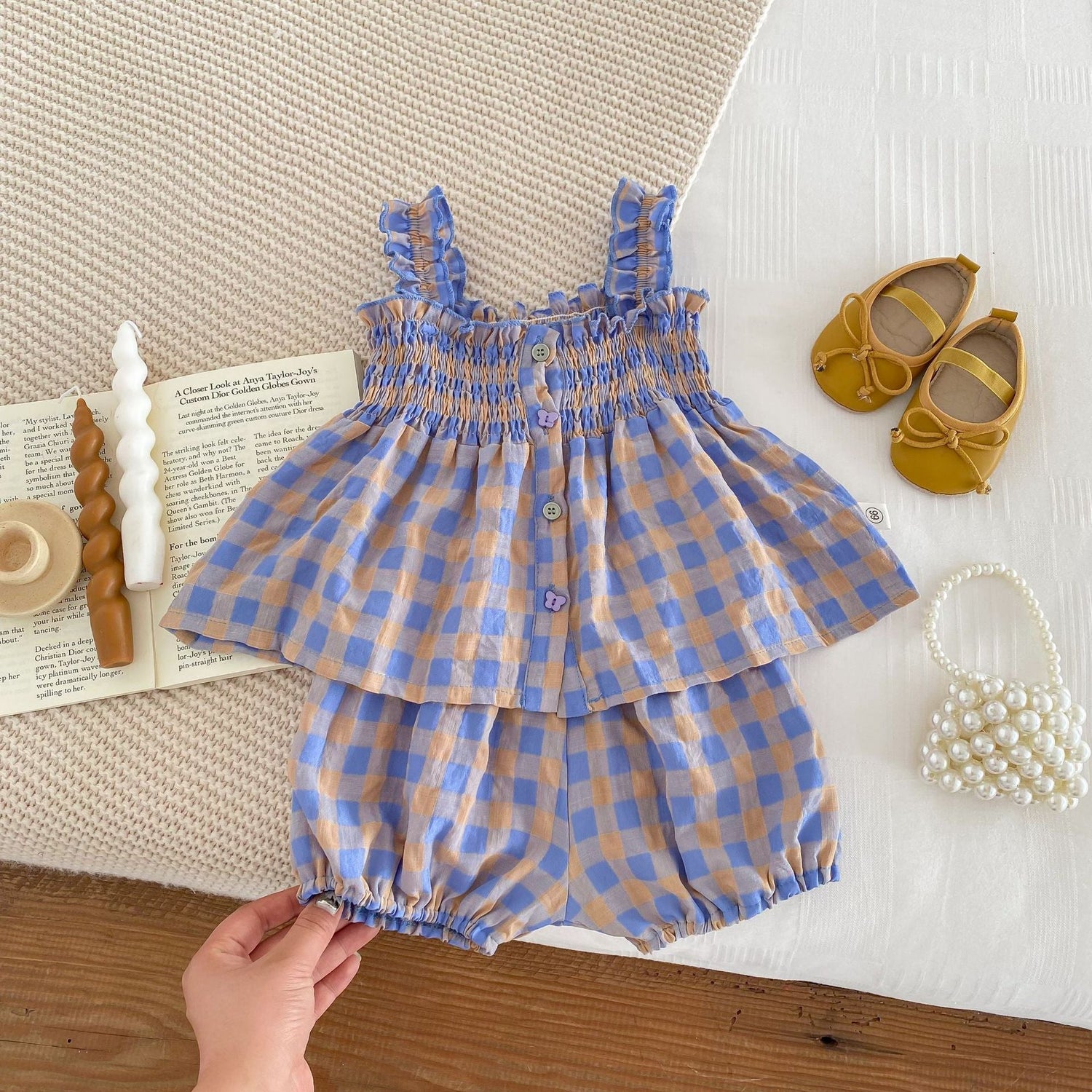 Summer Baby Kids Girls Plaid Strap Dress And Shorts 2-Piece Clothing Set-4