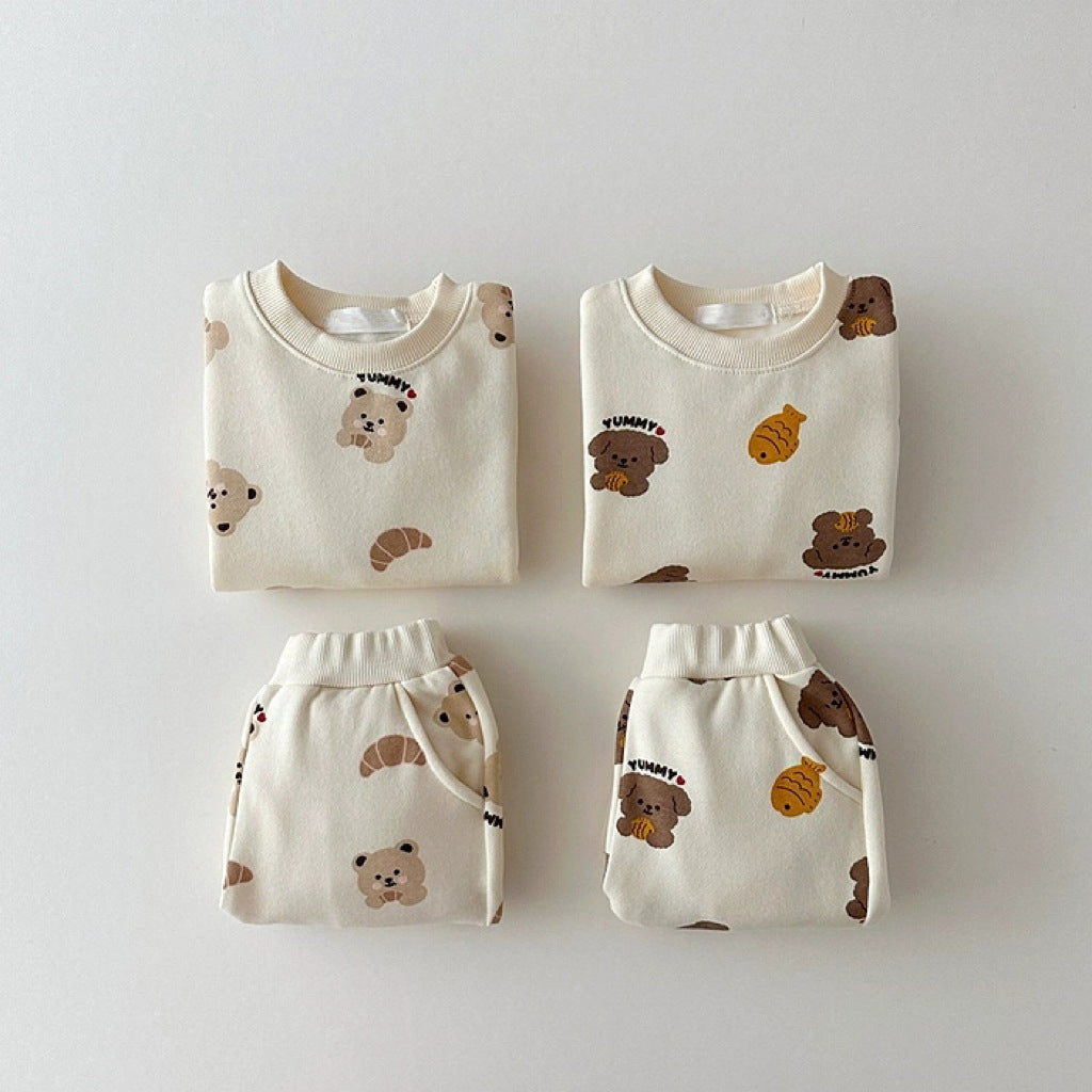 Unisex Baby And Kids Apricot Animals Cartoon Top And Pants Casual Home Clothing Set-0