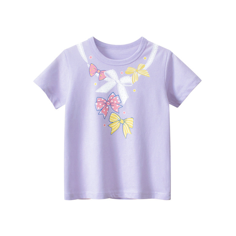 Baby Girl Solid Color Bow Tie Pattern Short Sleeve Tee-0