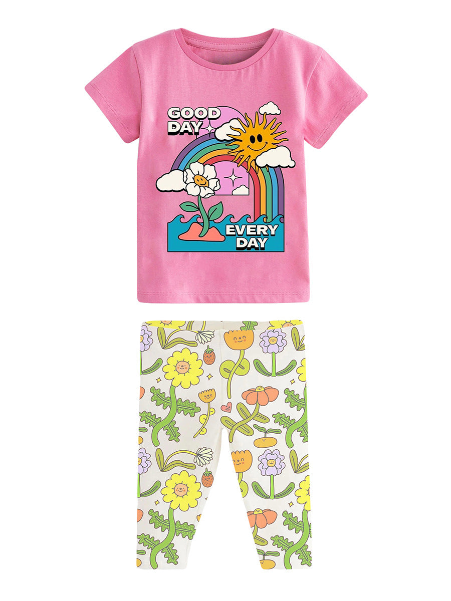 Girls Sunny Day Cartoon T-Shirt And Floral Capri Pants Set-0