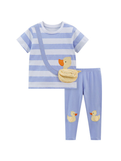 Summer Girls Ducks Cartoon Striped T-Shirt And Pants Set-1