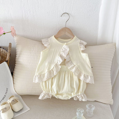 Summer Hot Selling Baby Girls Fly Sleeves Hollow Out Lace Trim Open-Front Top Vest And Bloomers Clothing Set-4