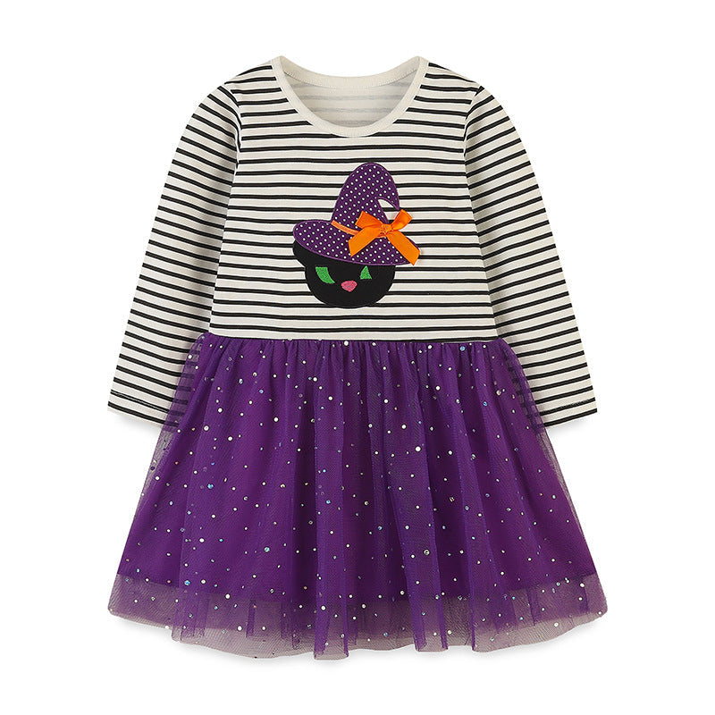 Striped Embroidered Tulle Dress: Halloween Edition For Girls-1