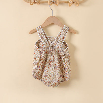 Baby Girl Floral Print Pattern Solid Color Sleeveless Onesies In Summer Outfit Wearing-4