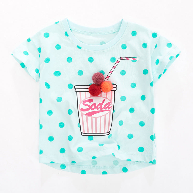 Girls’ Polka Dots Soda Print T-Shirt In European And American Style For Summer-0