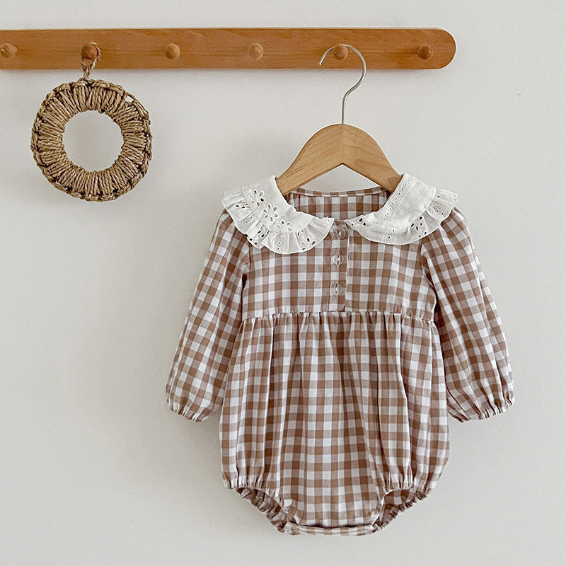 Doll Neck Plaid Pattern Long Sleeve Onesies-3