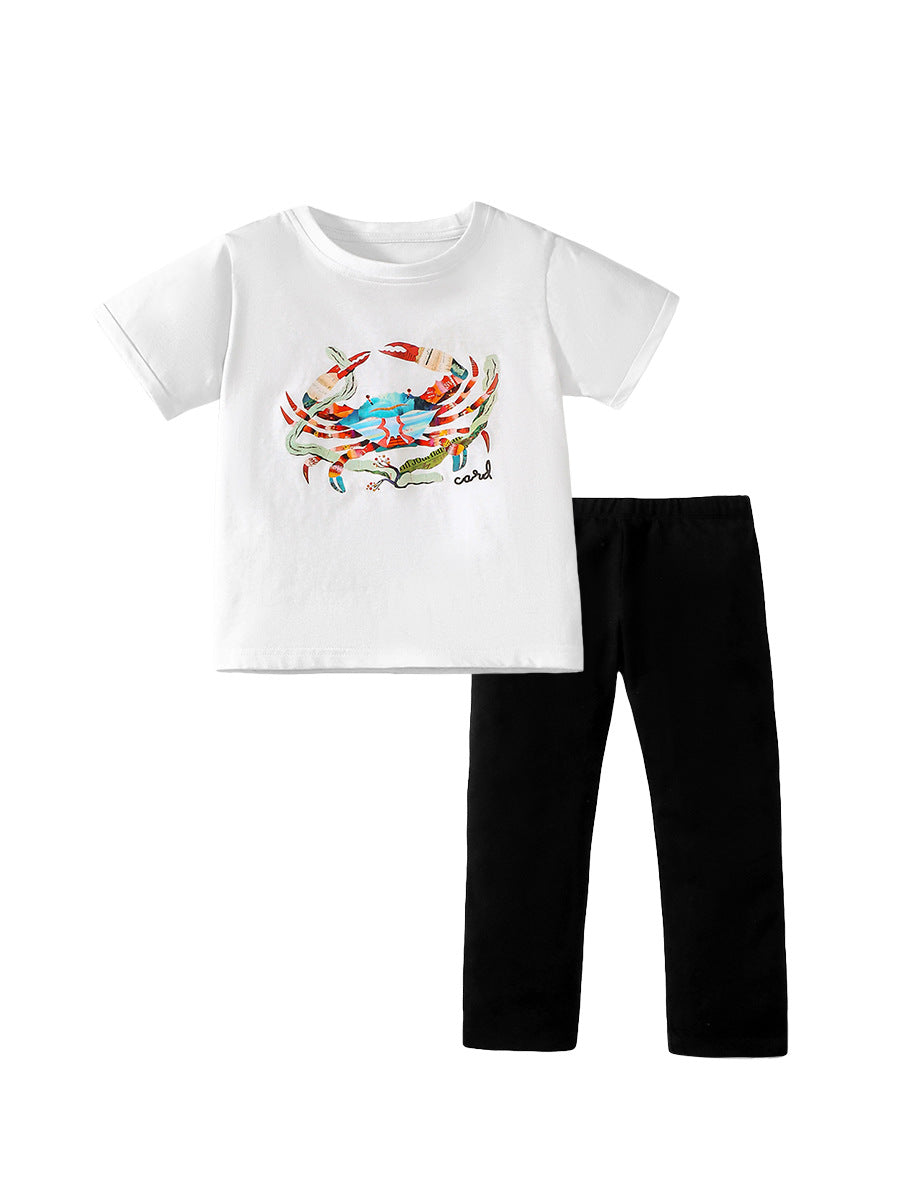 Girls Colorful Crab Cartoon T-Shirt And Black Pants Set-1