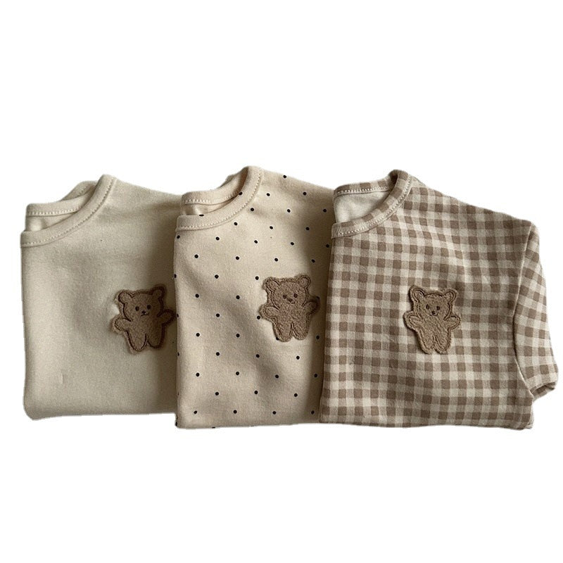 Baby Dot Pattern Cartoon Bear Patched Design Cotton Shirt-4