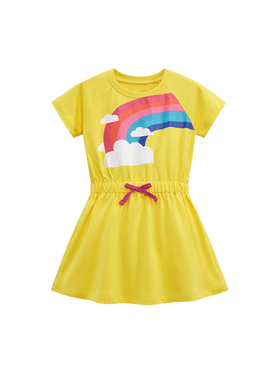 Baby Kids Girls Crew Neck Rainbow Clouds Print Short Sleeves Dress-0