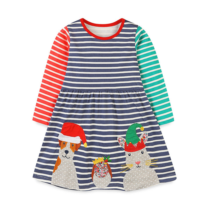 Christmas Cartoon Animal Patchwork Dress: Girls’ Striped Long Dress For Toddlers And Babies-0