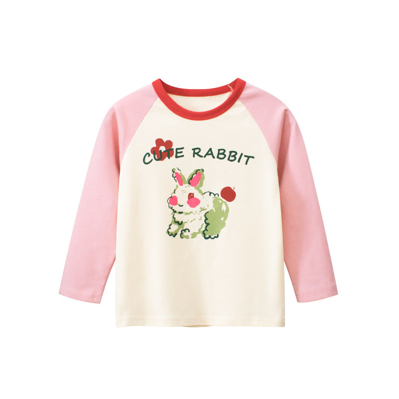 Baby Girl Cute Bunny Print Pattern Colorblock Design Shirt-0