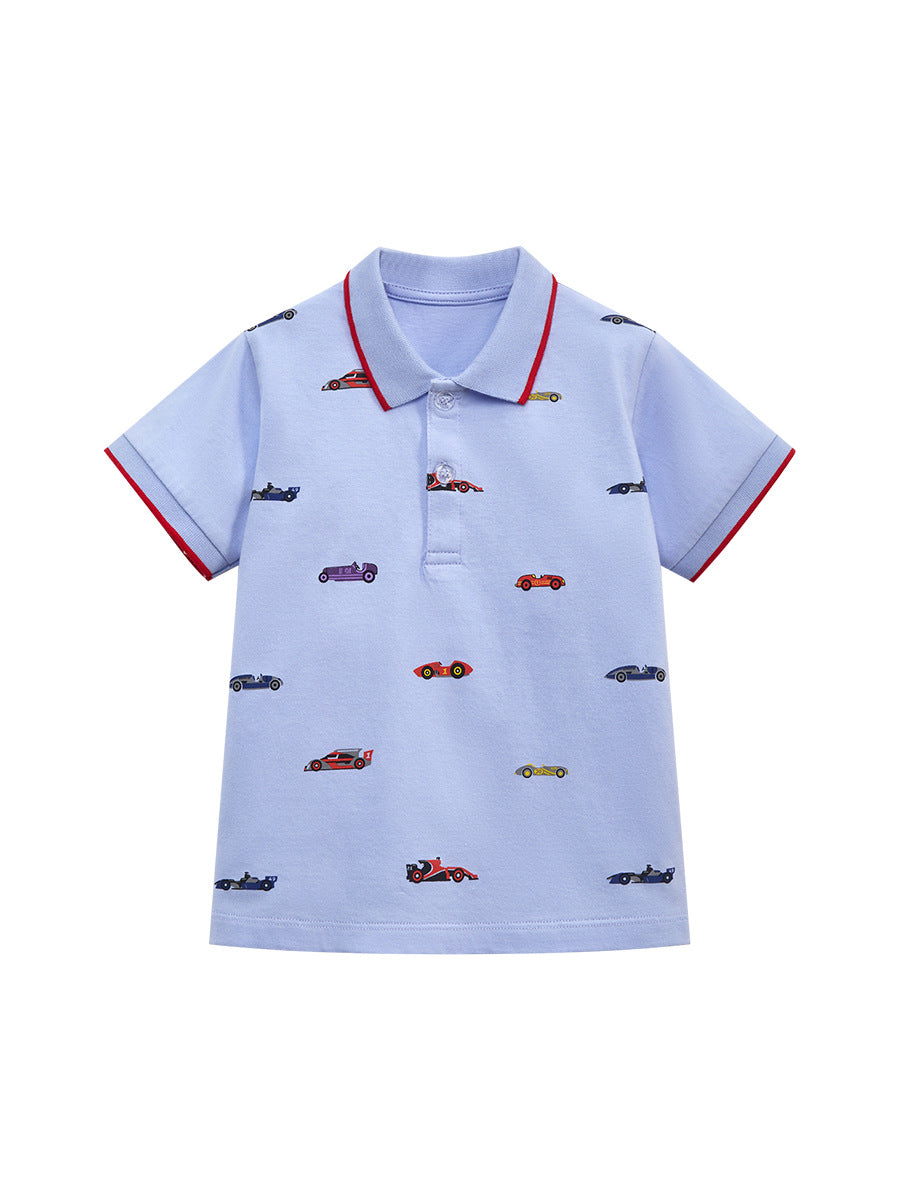 Baby Kids Boys Blue Racing Car Print Short Sleeves Polo Shirt-1