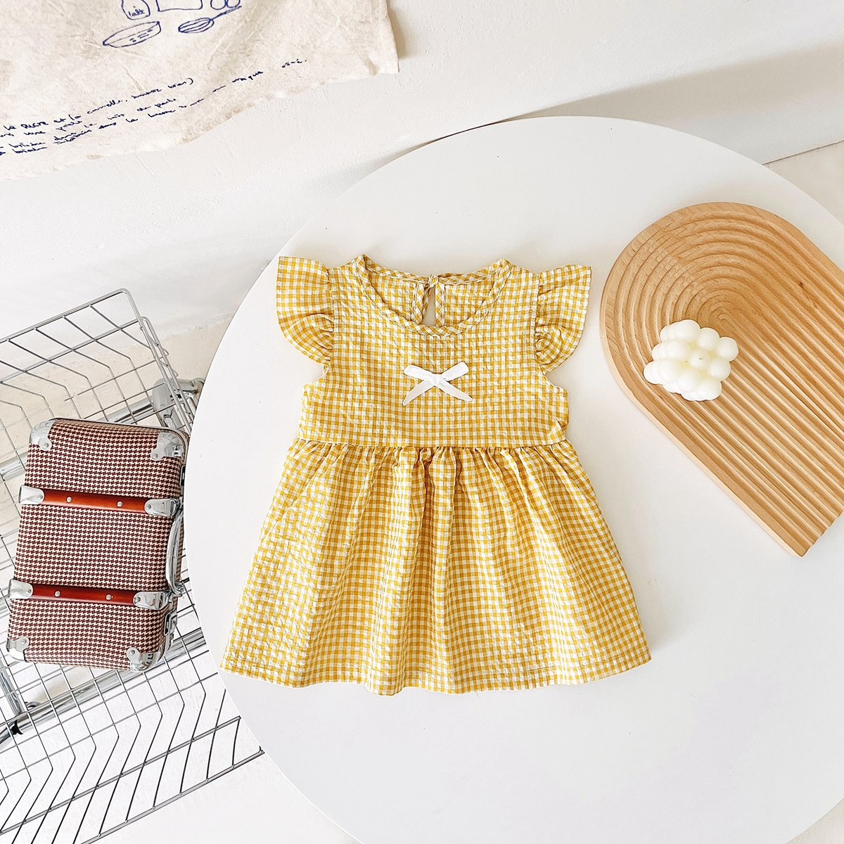 New Arrival Summer Baby Girls Plaid Fly Sleeves Dress With Bow-3