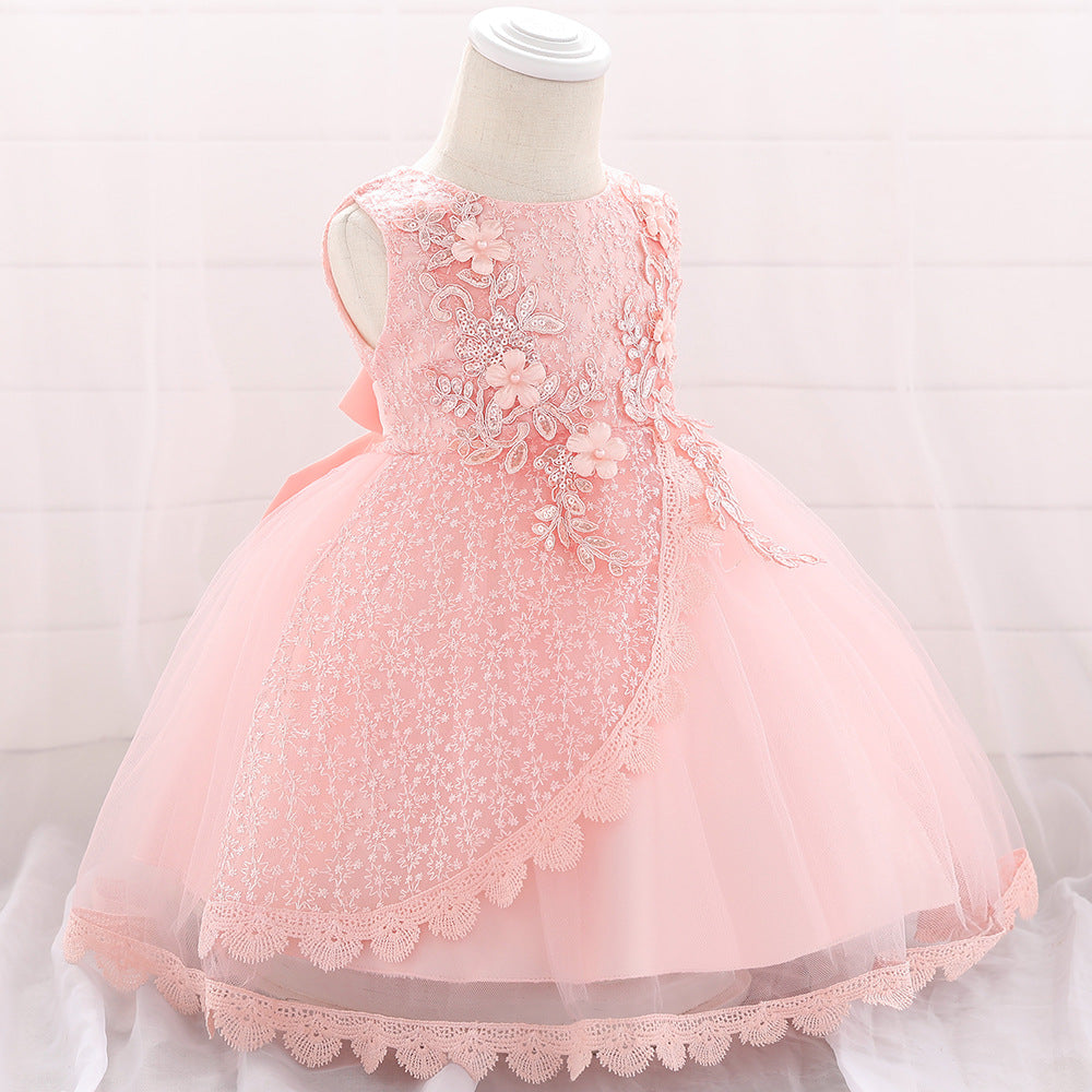 Baby Girl Floral Embroidered Pattern Full Moon Christening Sequins Tutu Dress-3