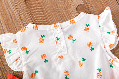 Baby Girl Fruit Print Drawstring Design Round Neck Onesies-4