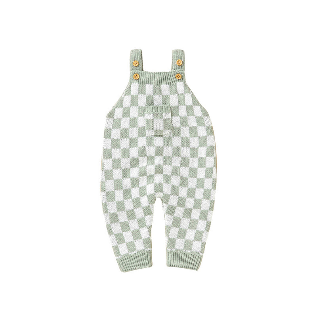 Baby Checkerboard Pattern Strap Design Knit Spring Autumn Rompers-4