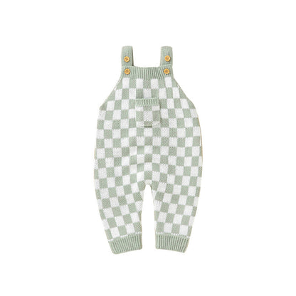 Baby Checkerboard Pattern Strap Design Knit Spring Autumn Rompers-4