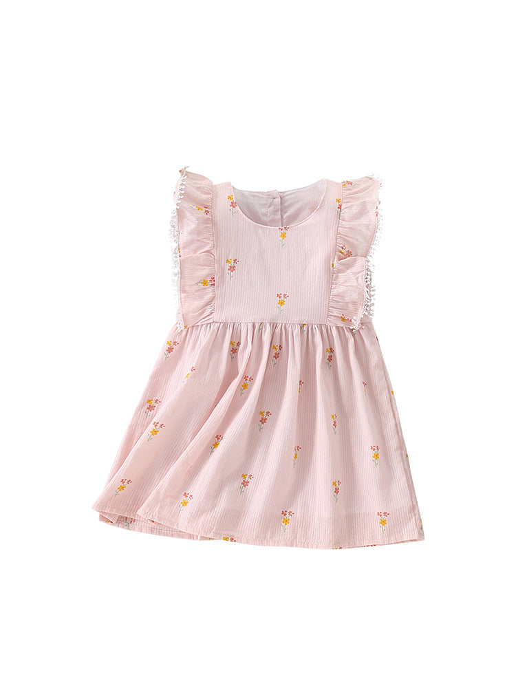 Summer New Arrival Baby Kids Girls Sleeveless Floral Print Round Neck Pink Dress-0