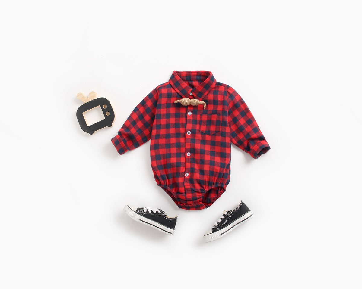 Baby Boy Plaid Pattern Buttoned Shirt With Pockets Long Sleeve Onesies In Autumn-3