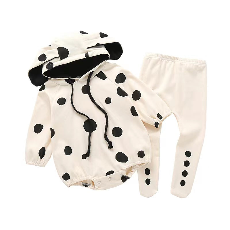 Baby Polka Dot Pattern Onesies With Hat Combo Solid Trousers Sets-4