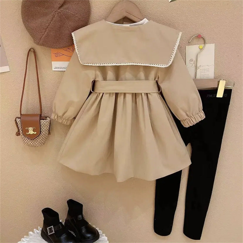 Baby Girls Peter Pan Neck Long Sleeved Khaki Single Breasted Dress With Belt-4