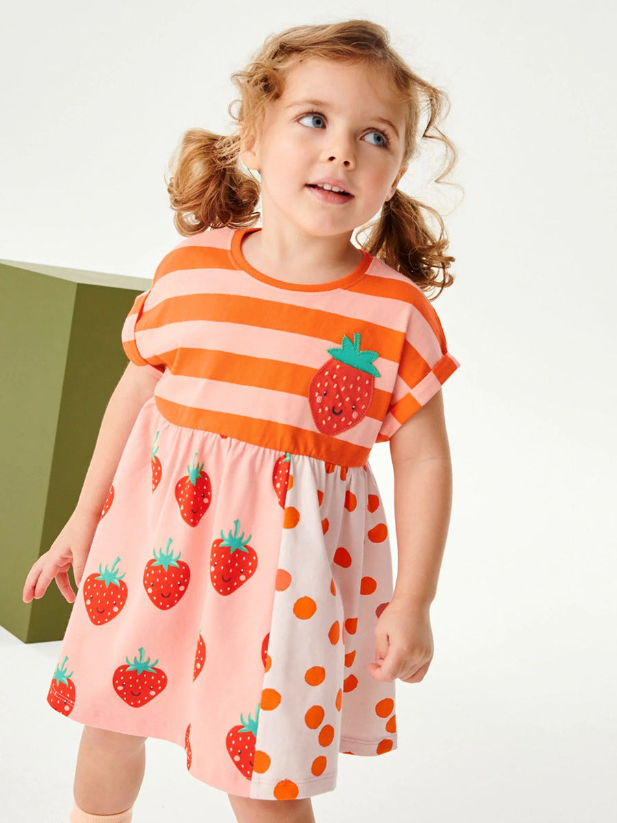 Summer New Arrival Girls Short Sleeves Striped Strawberry Print Dress-0