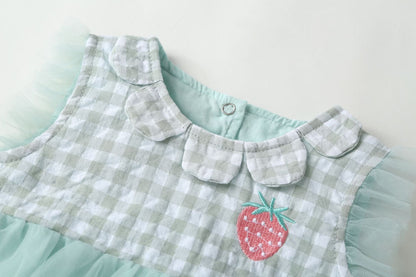 Baby Girl 1pcs Plaid Graphic Strawberry Embroidery Mesh Overlay Floral Neck Dress-4