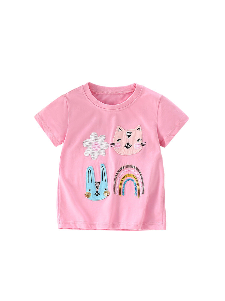 Girls’ Cartoon Pattern Short Sleeves T-Shirt In European And American Style For Summer-0