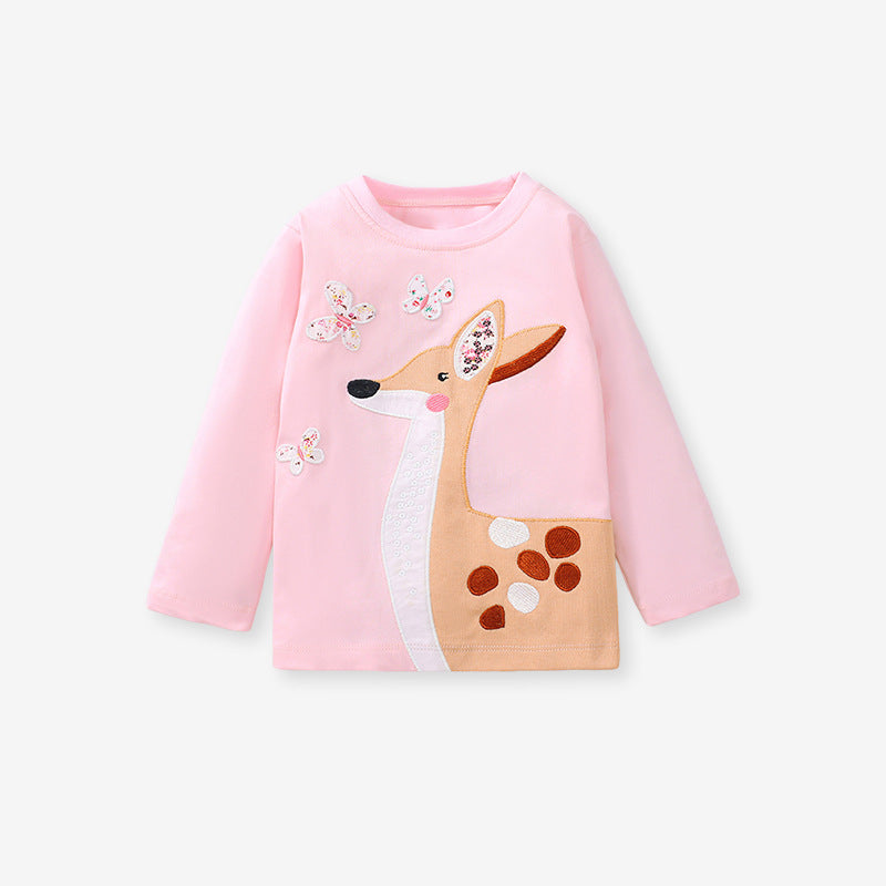 Baby Girls Kids Deer Cartoon Embroidery Long Sleeve Top Pullover-0