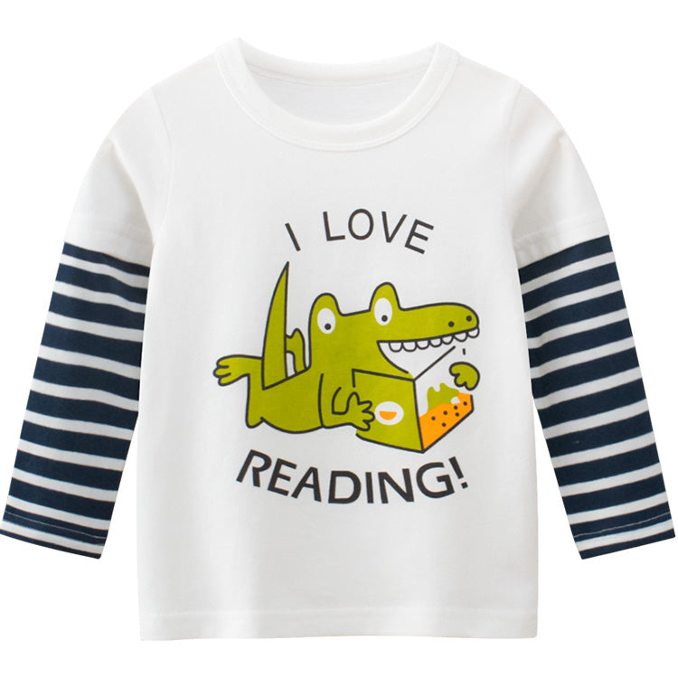 Boys I Love Reading With Photo Print Long-Sleeved Round Collar Shirt-4