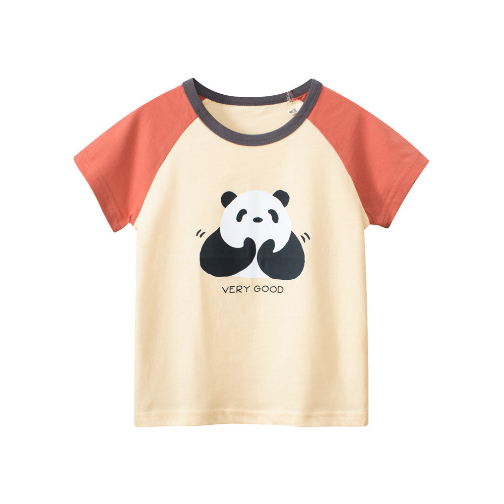 Panda Clapping Printing Girls’ Patchwork T-Shirt For Summer-2