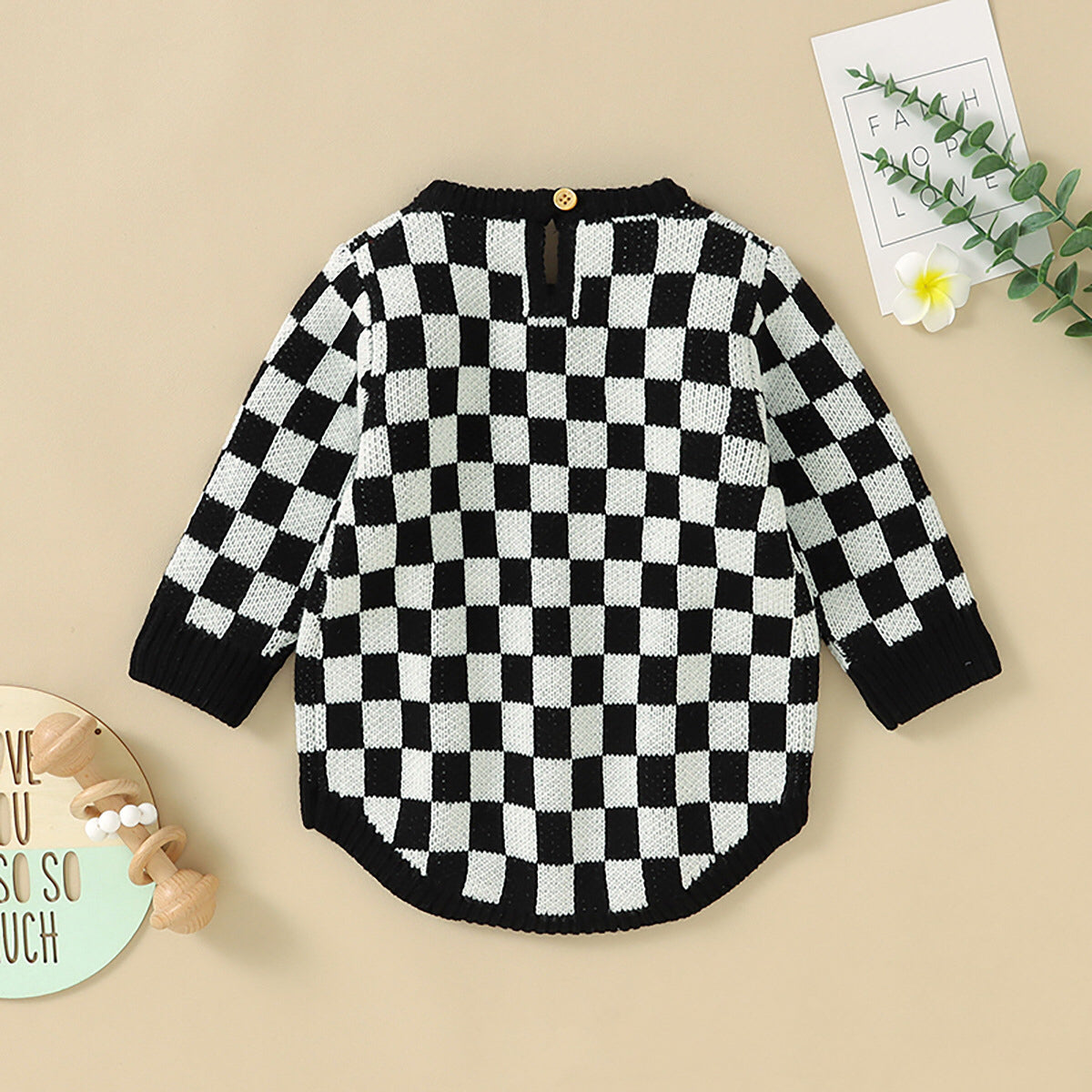 Baby Checkerboard Pattern Quality Knit Onesies-4