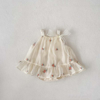 Summer New Arrival Baby Girls Sleeveless Flowers Pattern Tulle Strap Onesies Dress-3