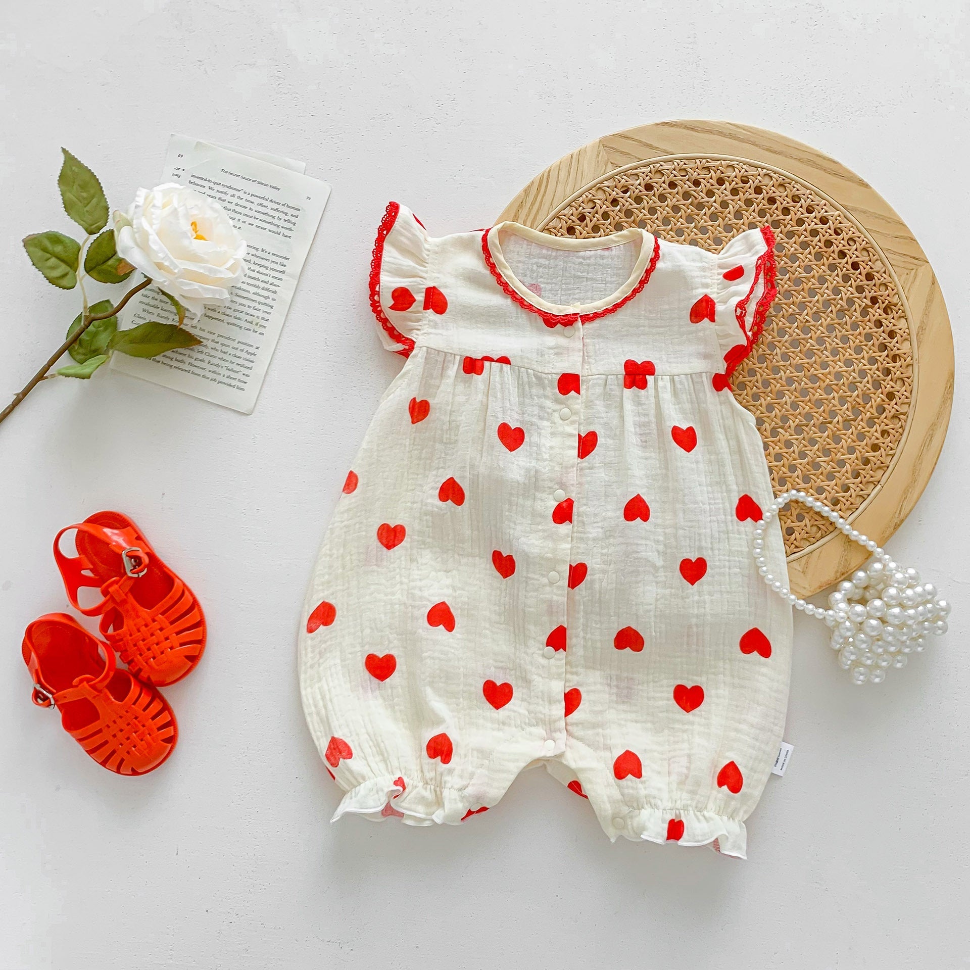 Best Selling Summer Baby Kids Girls Red Heart Pattern Fly Sleeves Romper-4