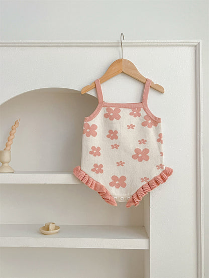 New Arrival Summer Baby Kids Girls Knit Flowers Pattern Sleeveless Strap Onesies-2