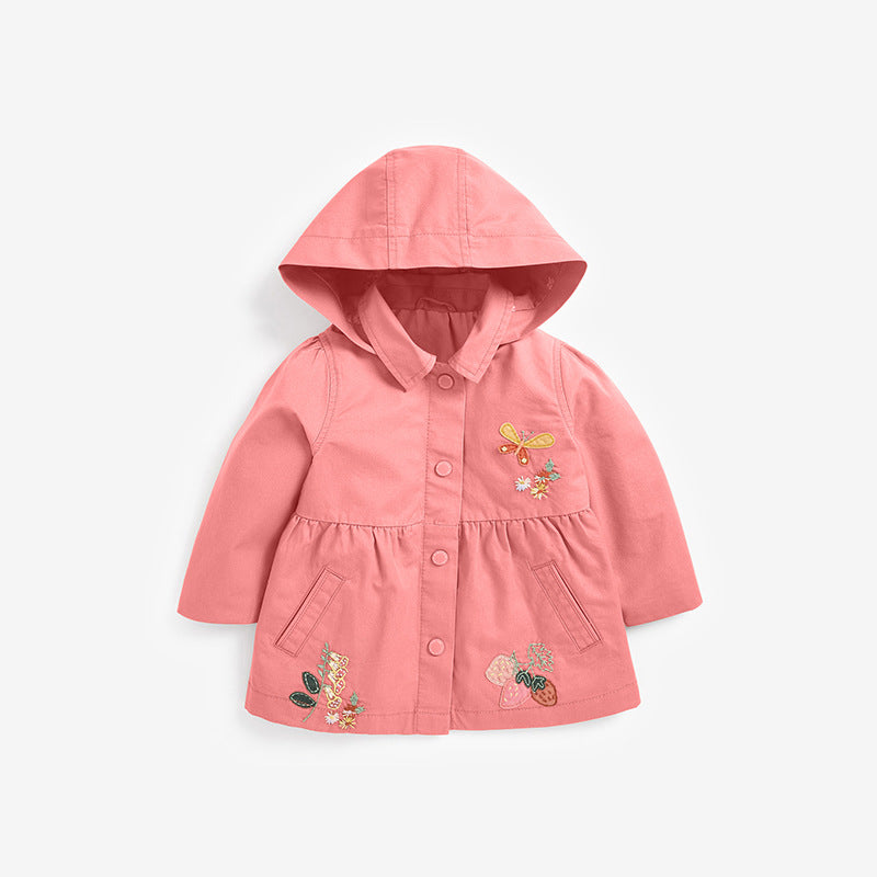 European And American Style Girls’ Outerwear: Hooded Single Breasted Floral Jacket With Long Sleeves For Children-0