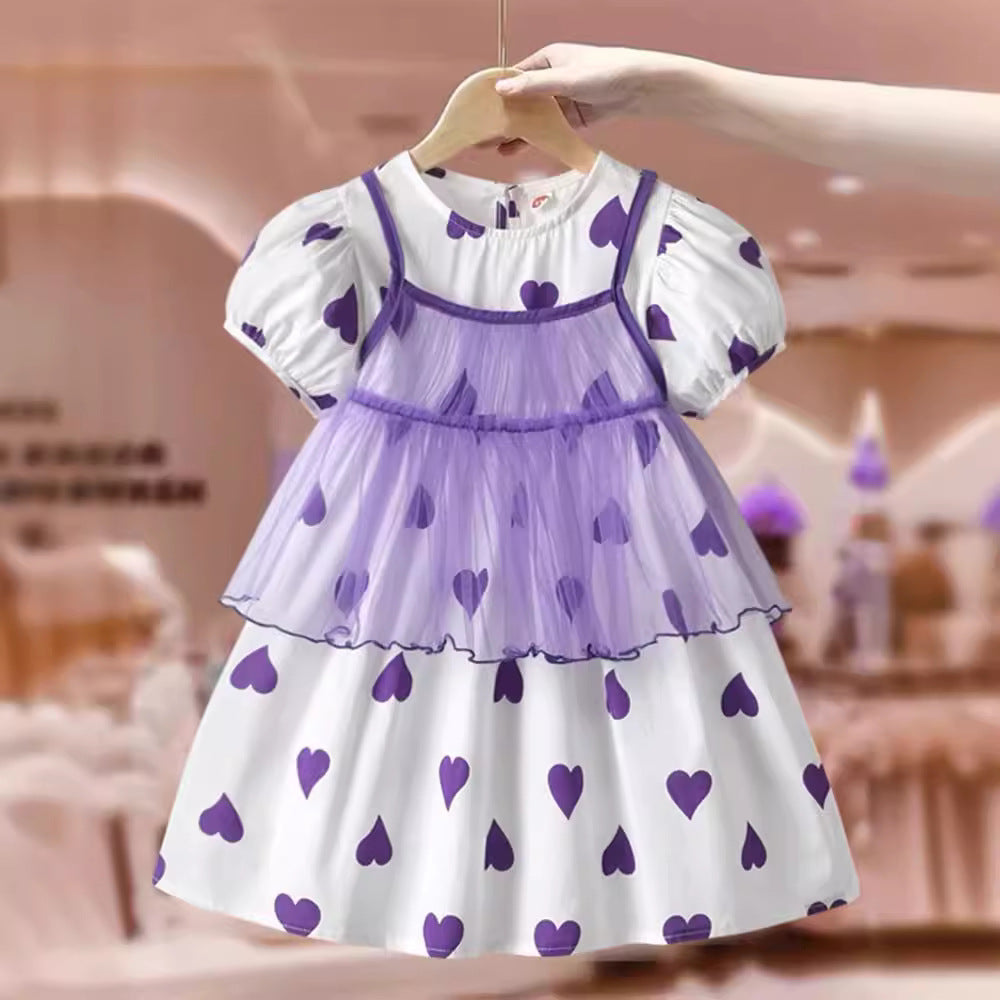 Summer Kids Girls Short Sleeves Heart Print Sweet Mesh Princess Dress-3