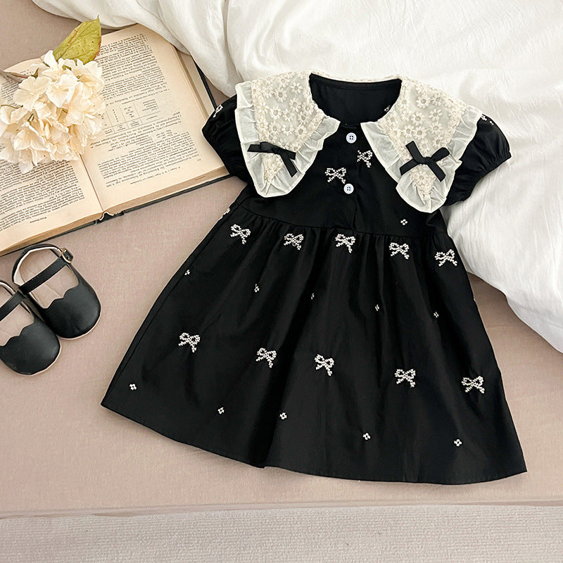 New Design Summer Baby Kids Girls Floral Pattern Collar Short Sleeves Bows Embroidery Onesies And Girls’ Dress – Princess Sister Matching Set-1