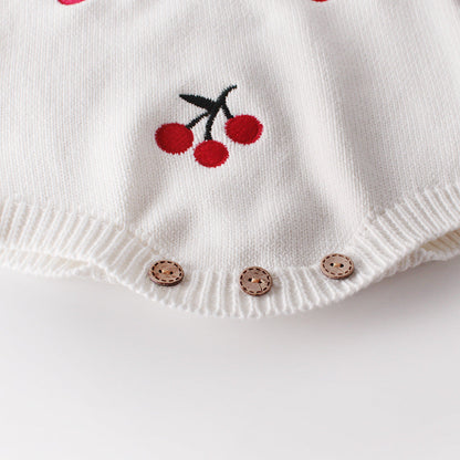 Baby Girl 1pc Cherry Embroidered Graphic Crotch Knitted Bodysuit &amp; Button Front Sweater Coat Sets-4