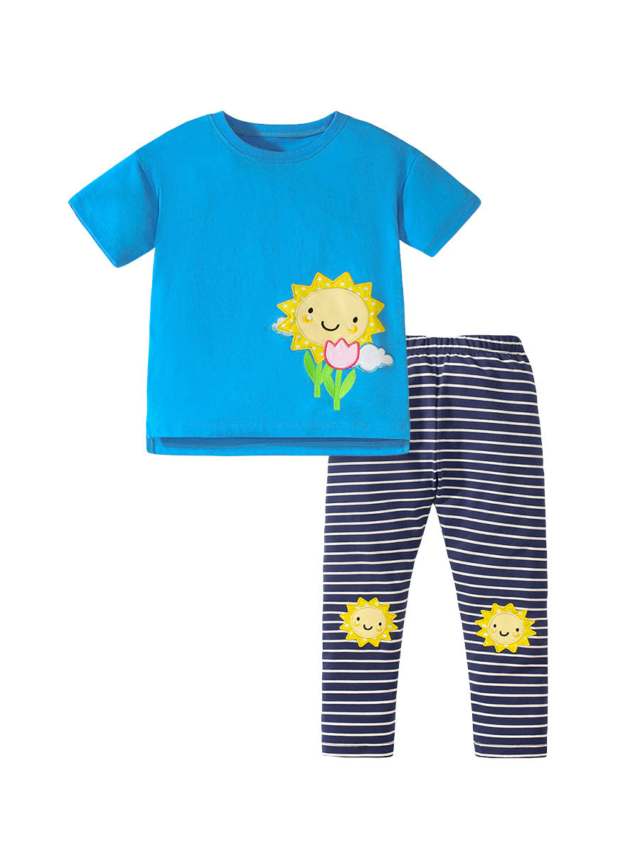 Summer Baby Kids Girls Sunflower Print Short Sleeves T-Shirt And Striped Pants Clothing Set-1