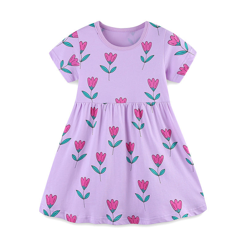 Summer New Arrival Girls’ Purple Flowers Pattern Short Sleeves Dress-0