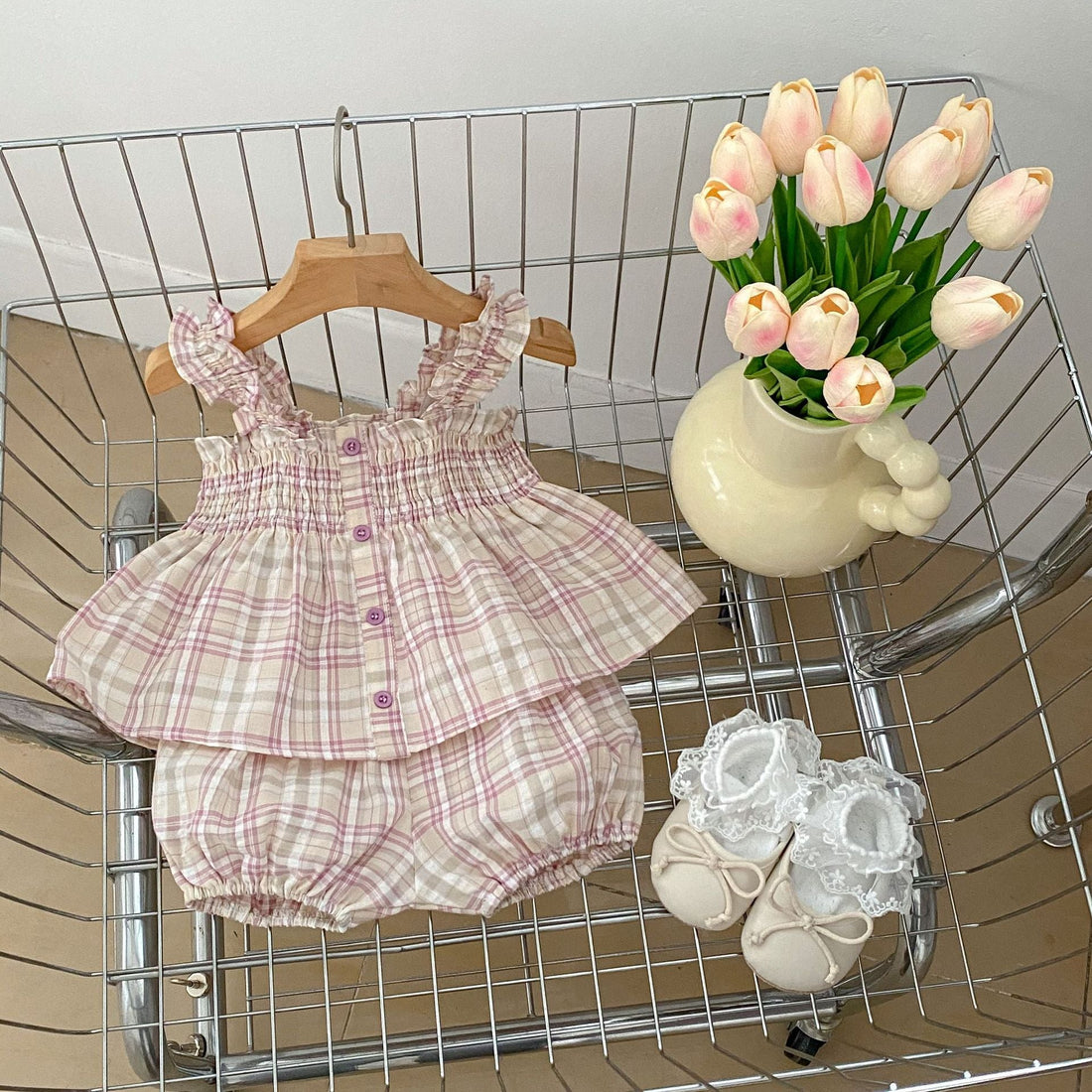 Summer Baby Kids Girls Plaid Sleeveless Strap Single Breasted Top And Shorts Casual Clothing Set-1