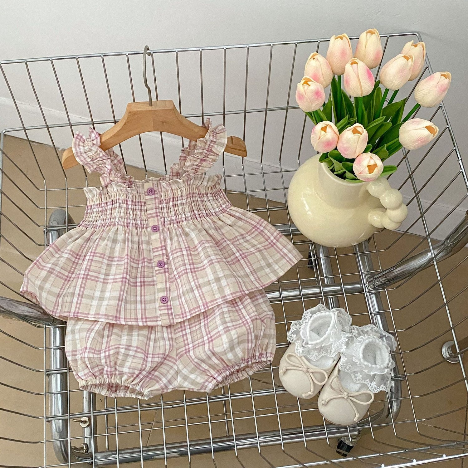Summer Baby Kids Girls Plaid Sleeveless Strap Single Breasted Top And Shorts Casual Clothing Set-1