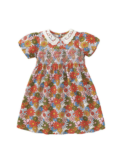 New Design Summer Girls Flowers Print Lace Collar Dress-0