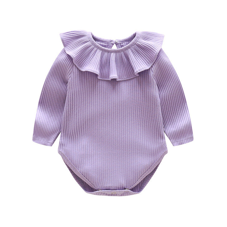 Baby Solid Color Ruffle &amp; Buttoned Design Long-Sleeved O-Neck Onesies-4